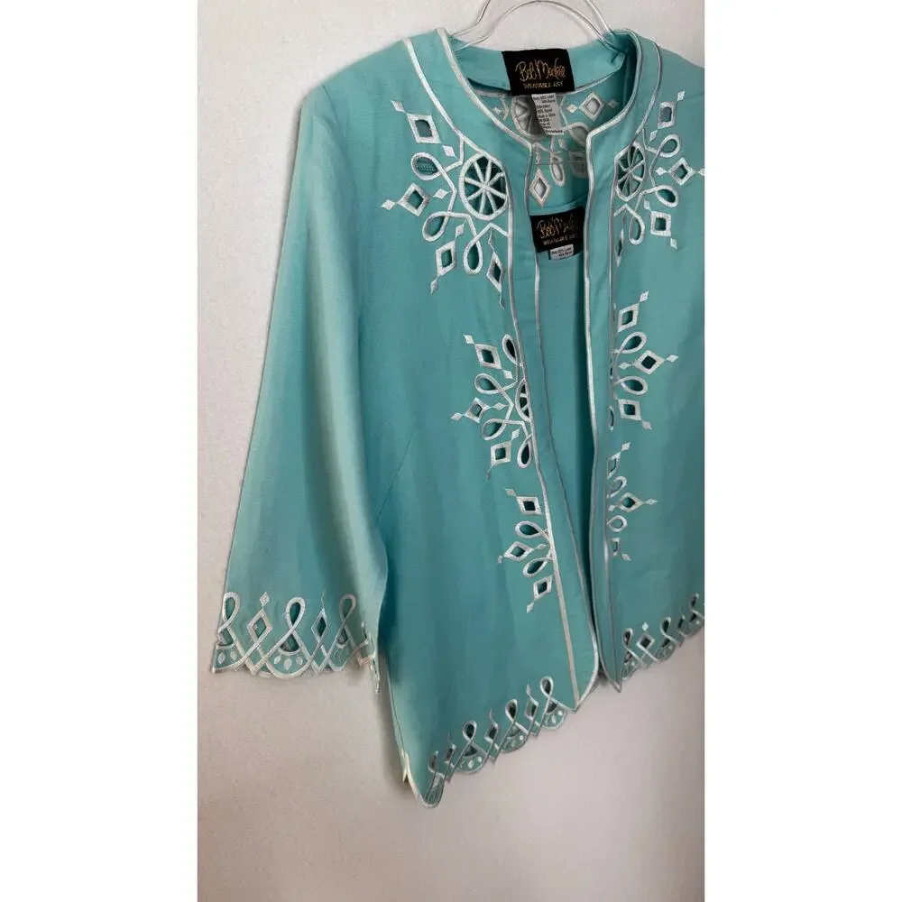 Bob Mackie Wearable Art 2000s Turquoise Linen Embroidered Twin Set XS